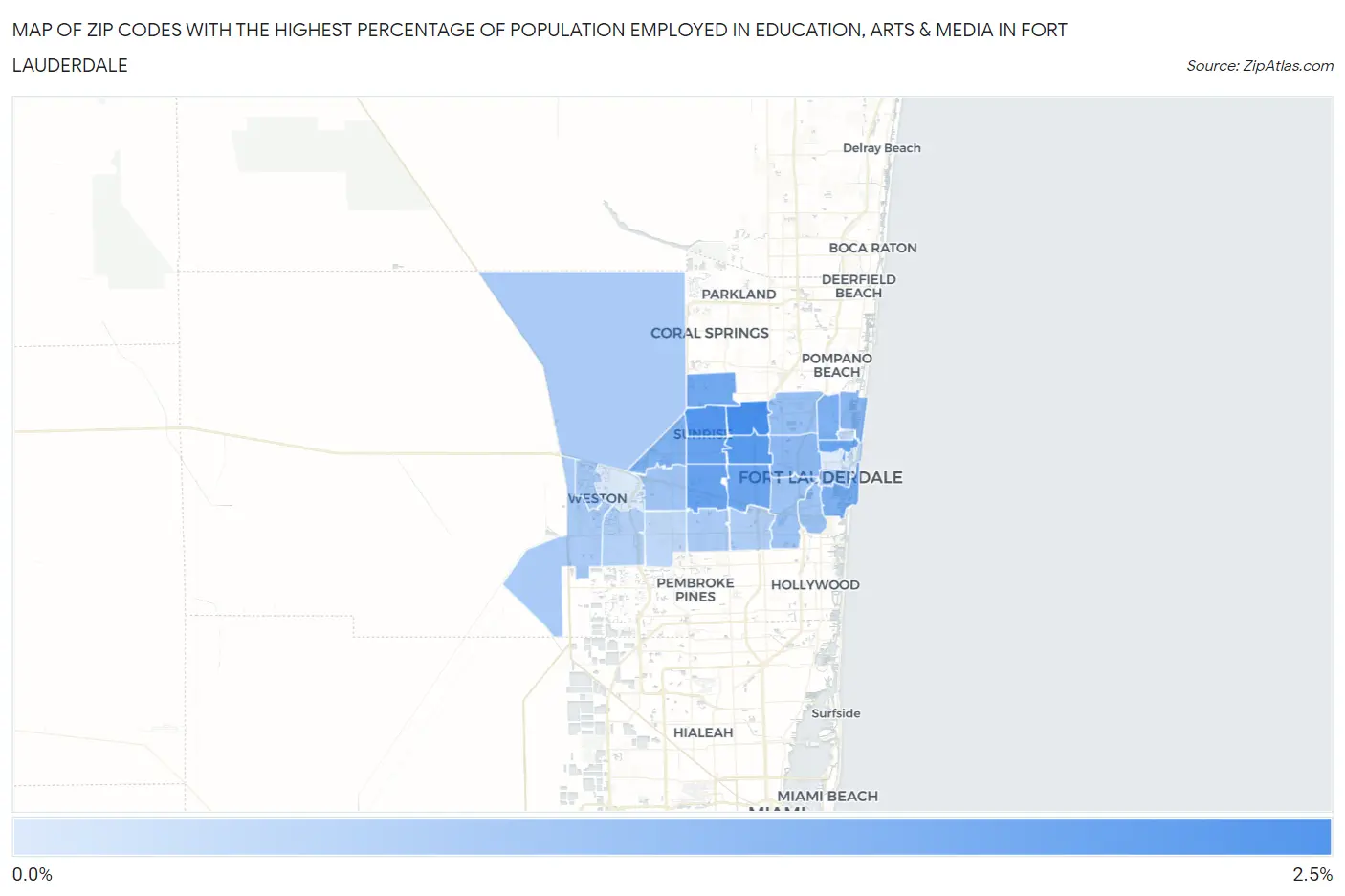 Zip Codes with the Highest Percentage of Population Employed in Education, Arts & Media in Fort Lauderdale Map