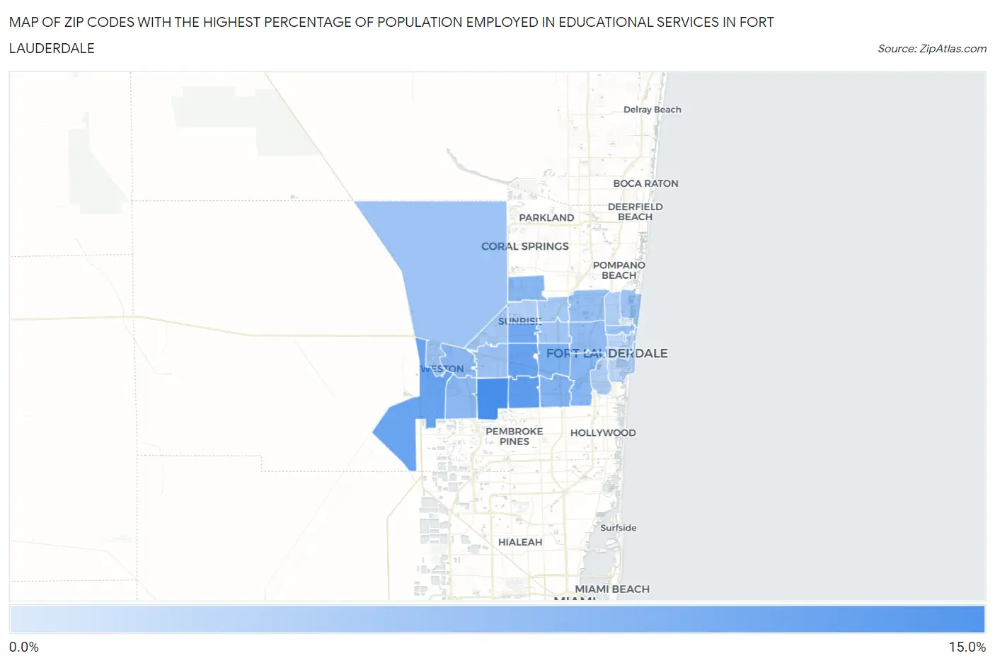Zip Codes with the Highest Percentage of Population Employed in Educational Services in Fort Lauderdale Map