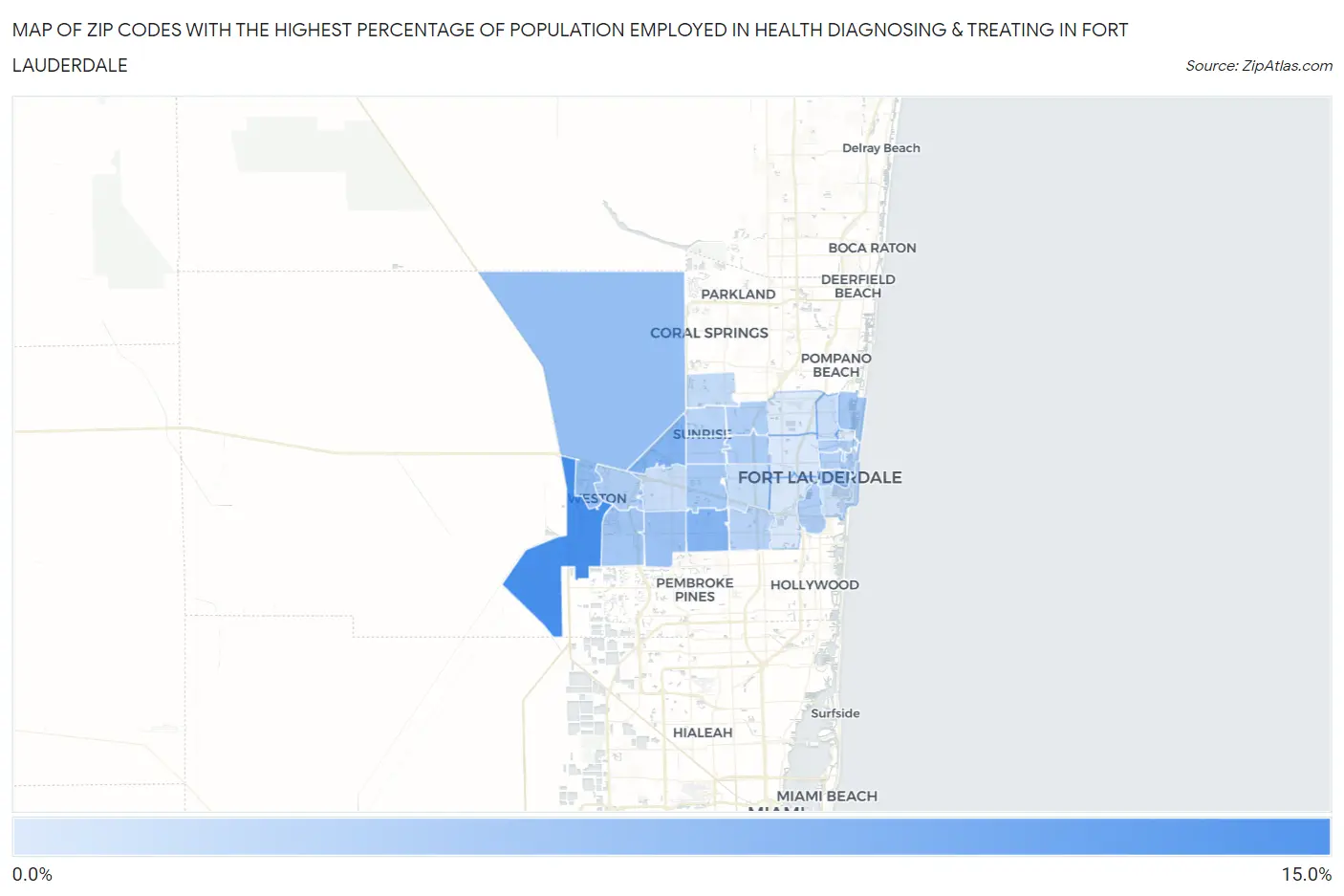 Zip Codes with the Highest Percentage of Population Employed in Health Diagnosing & Treating in Fort Lauderdale Map