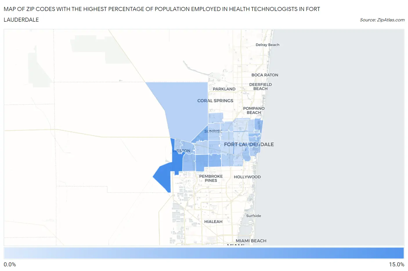 Zip Codes with the Highest Percentage of Population Employed in Health Technologists in Fort Lauderdale Map