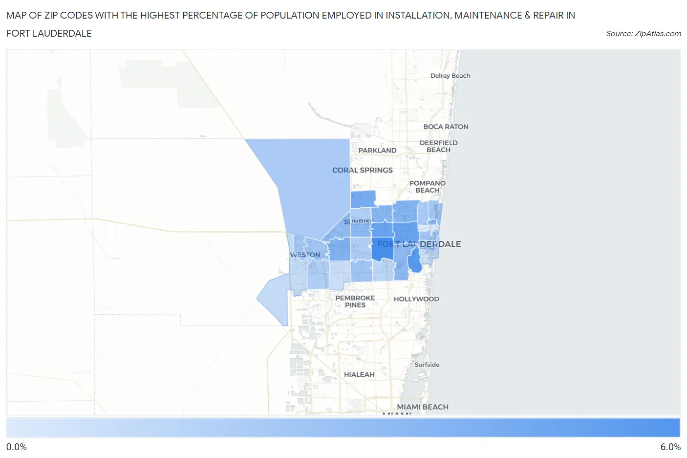 Zip Codes with the Highest Percentage of Population Employed in Installation, Maintenance & Repair in Fort Lauderdale Map