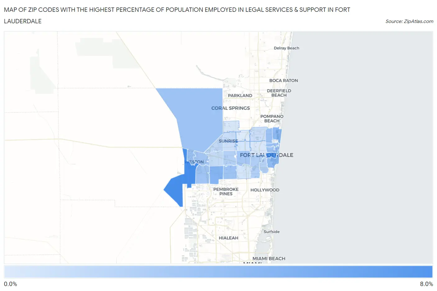 Zip Codes with the Highest Percentage of Population Employed in Legal Services & Support in Fort Lauderdale Map