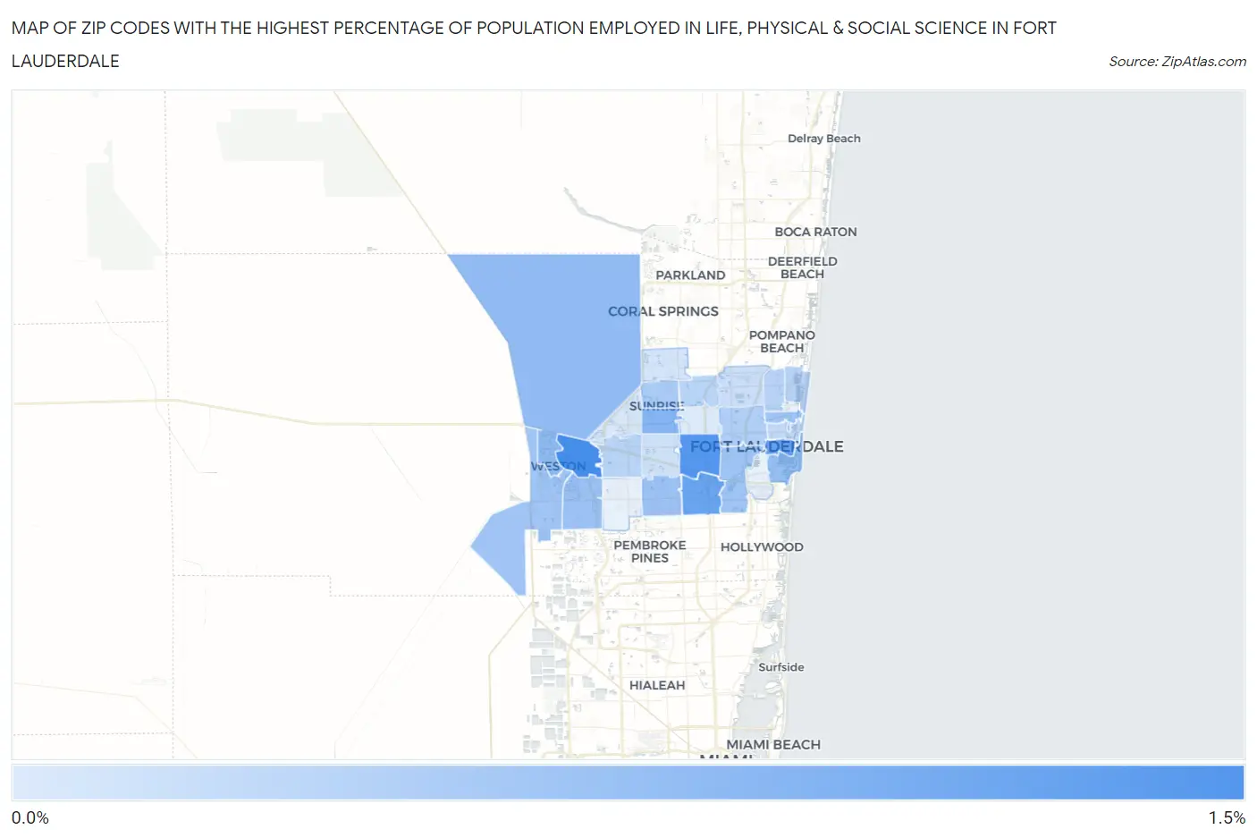 Zip Codes with the Highest Percentage of Population Employed in Life, Physical & Social Science in Fort Lauderdale Map