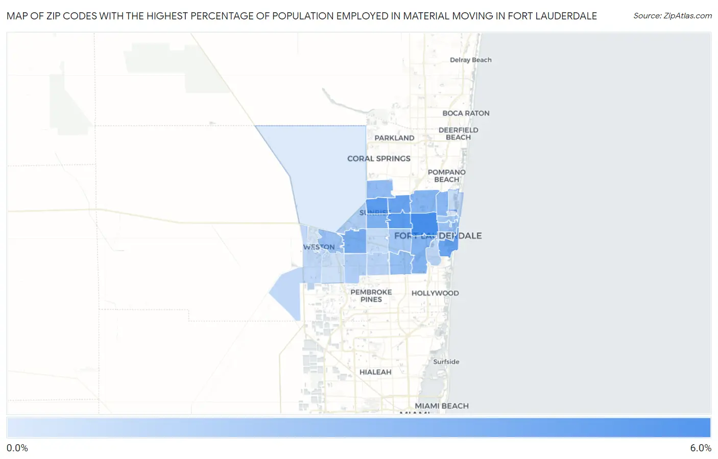 Zip Codes with the Highest Percentage of Population Employed in Material Moving in Fort Lauderdale Map