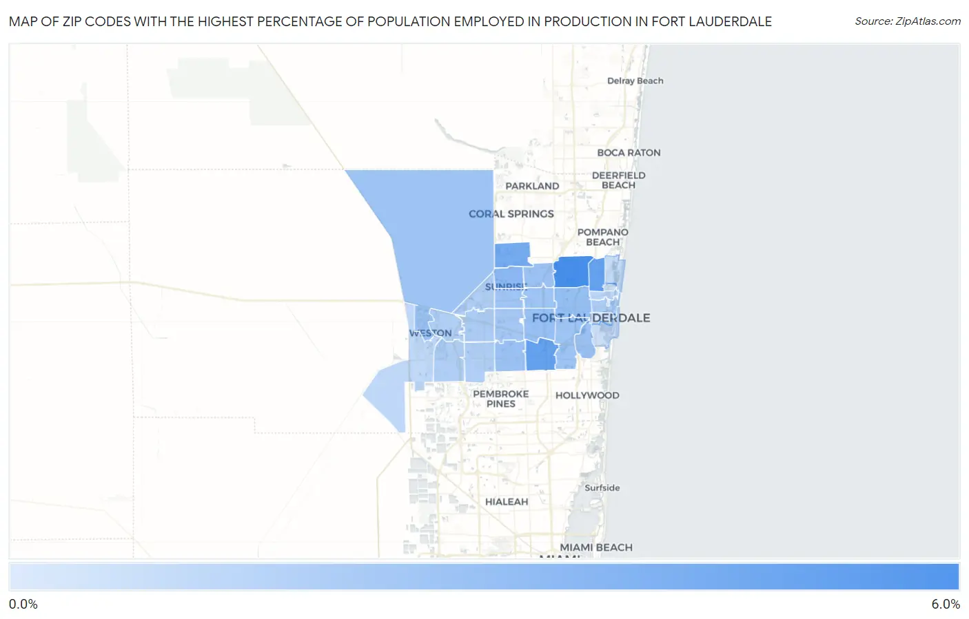 Zip Codes with the Highest Percentage of Population Employed in Production in Fort Lauderdale Map