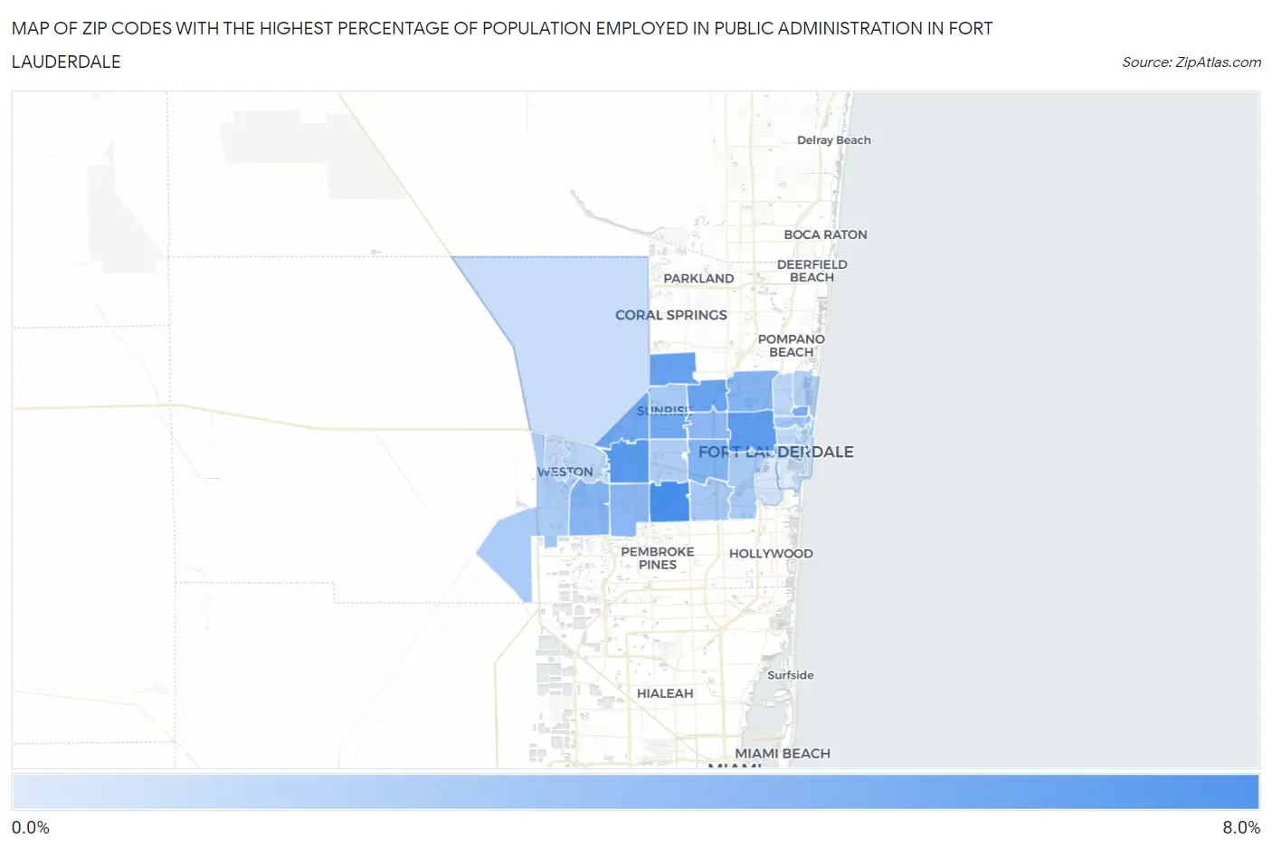 Zip Codes with the Highest Percentage of Population Employed in Public Administration in Fort Lauderdale Map
