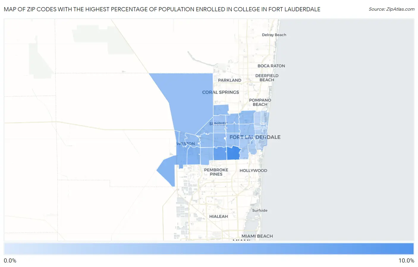 Zip Codes with the Highest Percentage of Population Enrolled in College in Fort Lauderdale Map