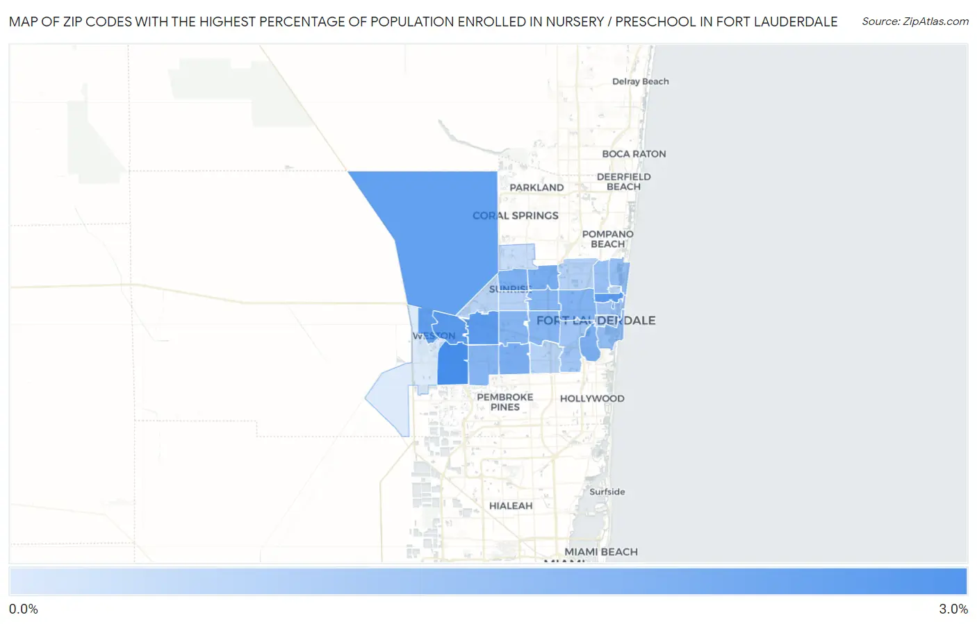 Zip Codes with the Highest Percentage of Population Enrolled in Nursery / Preschool in Fort Lauderdale Map