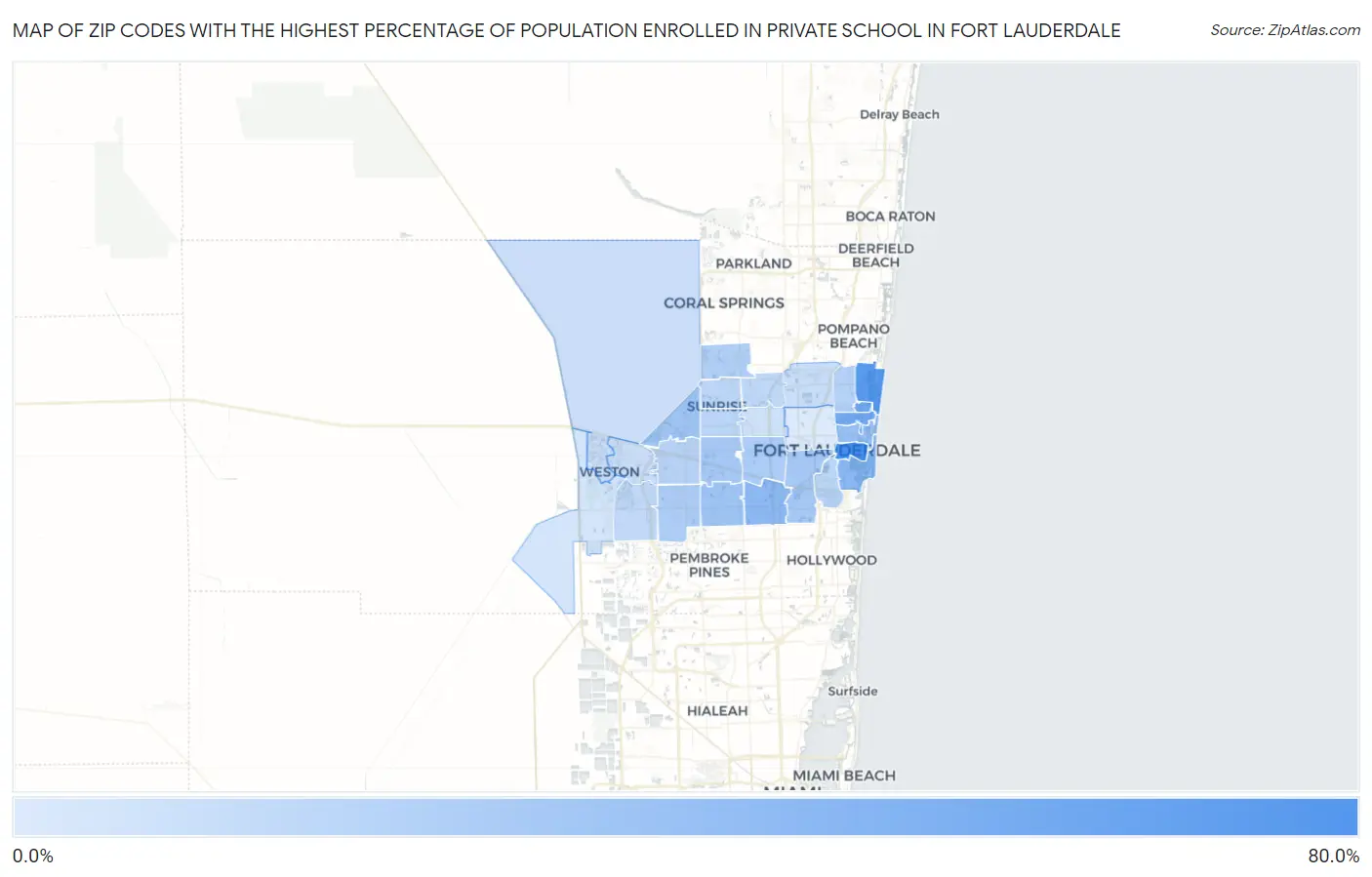 Zip Codes with the Highest Percentage of Population Enrolled in Private School in Fort Lauderdale Map