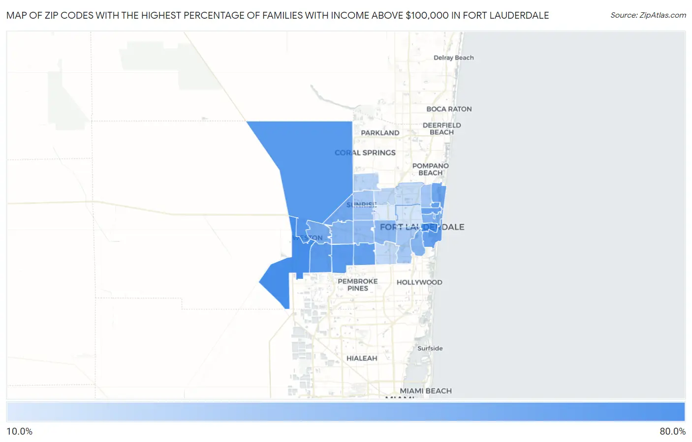 Zip Codes with the Highest Percentage of Families with Income Above $100,000 in Fort Lauderdale Map