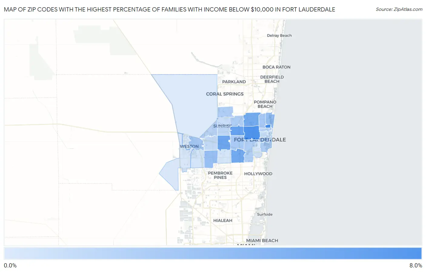 Zip Codes with the Highest Percentage of Families with Income Below $10,000 in Fort Lauderdale Map