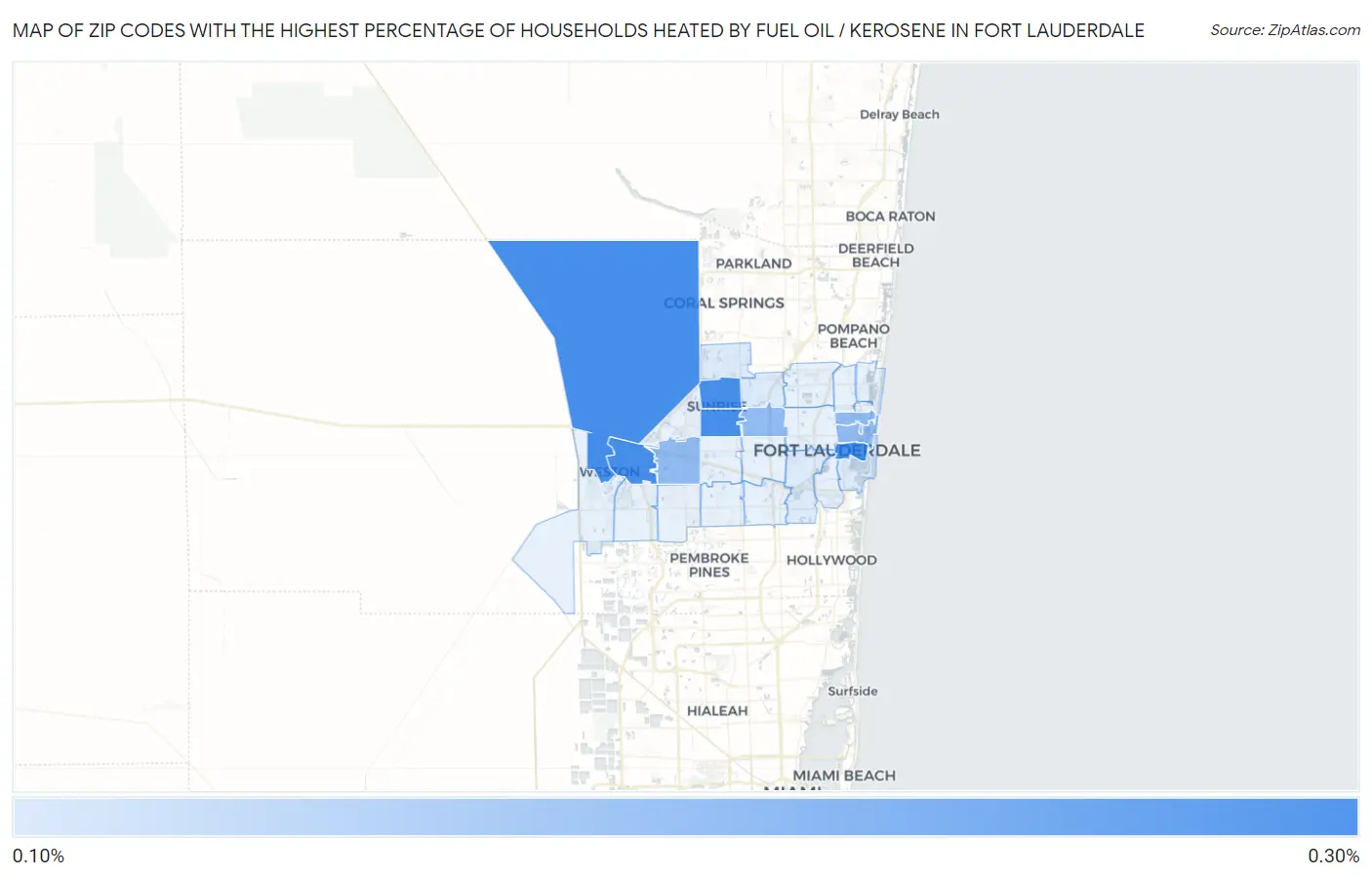 Zip Codes with the Highest Percentage of Households Heated by Fuel Oil / Kerosene in Fort Lauderdale Map