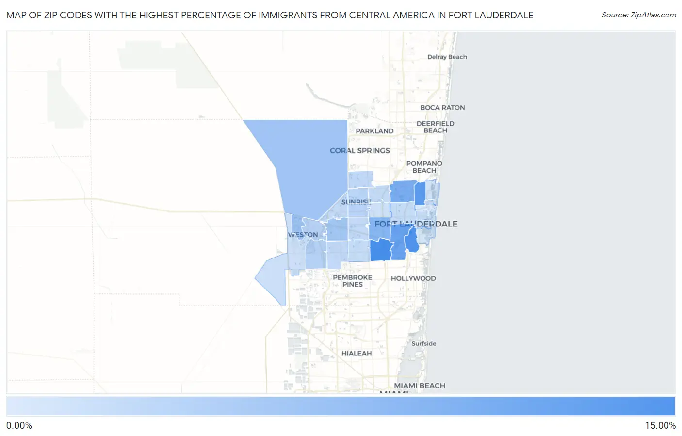 Zip Codes with the Highest Percentage of Immigrants from Central America in Fort Lauderdale Map