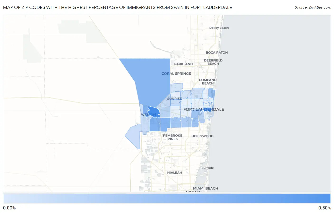 Zip Codes with the Highest Percentage of Immigrants from Spain in Fort Lauderdale Map