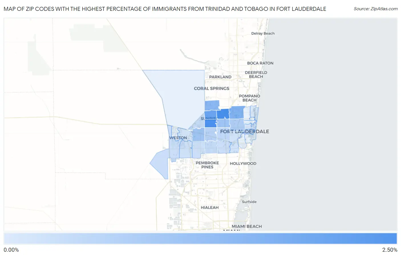 Zip Codes with the Highest Percentage of Immigrants from Trinidad and Tobago in Fort Lauderdale Map