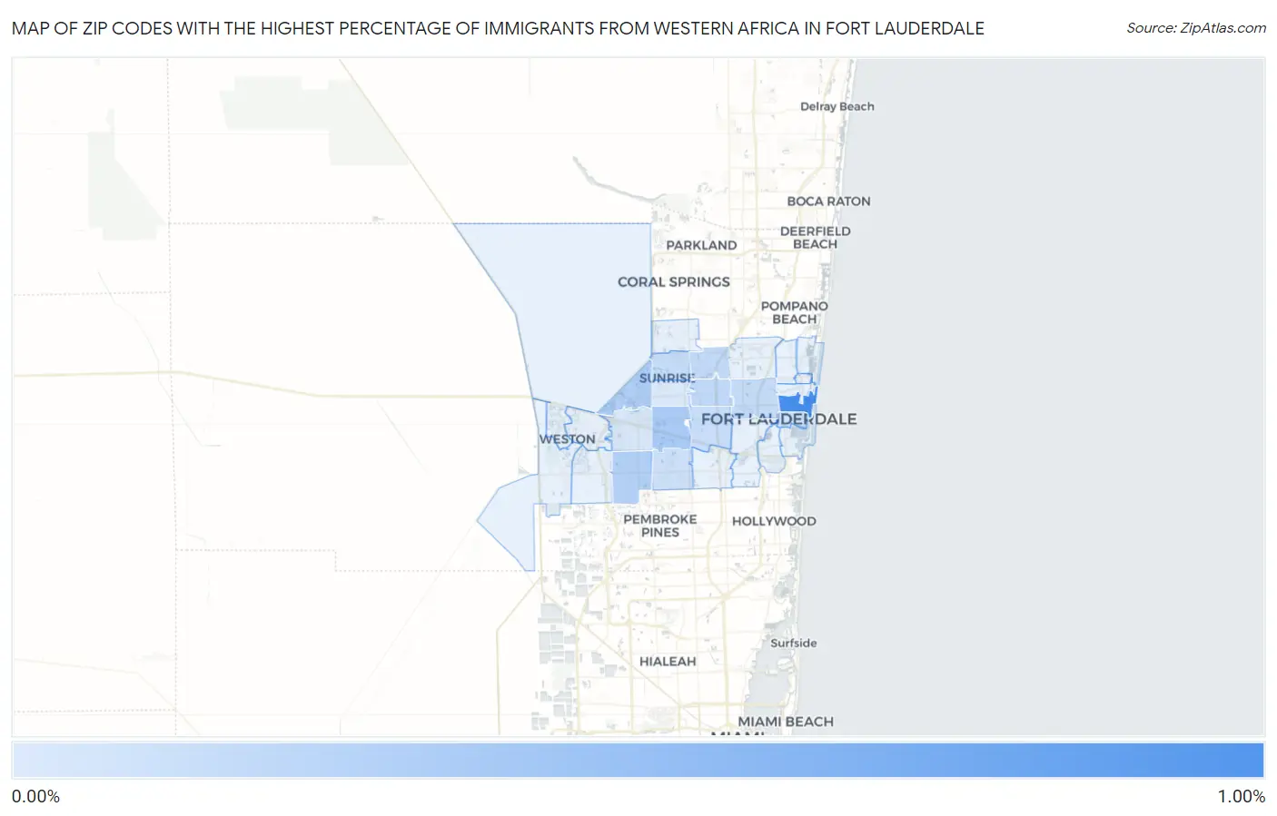 Zip Codes with the Highest Percentage of Immigrants from Western Africa in Fort Lauderdale Map