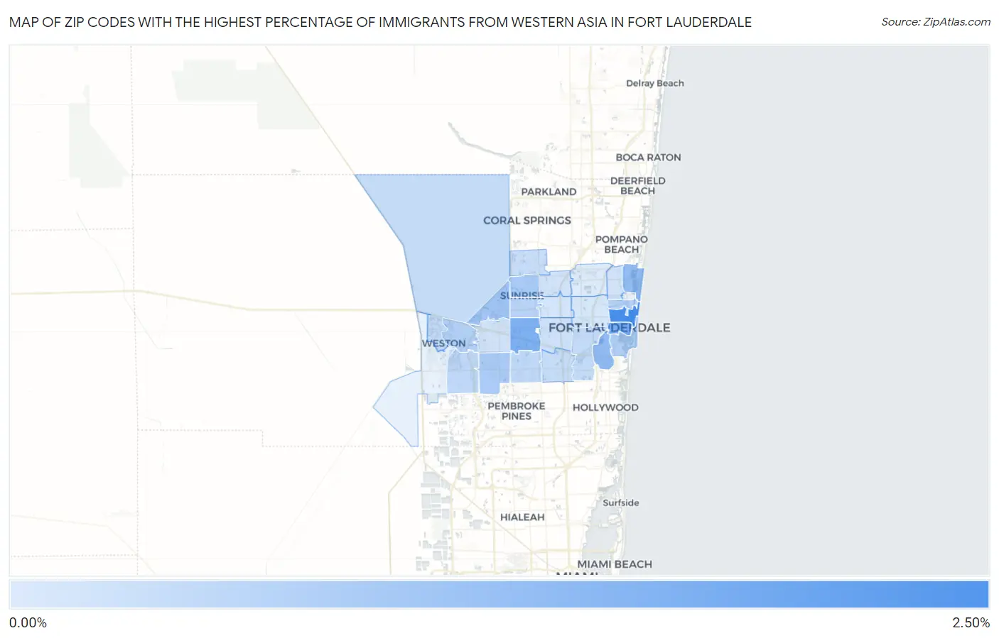 Zip Codes with the Highest Percentage of Immigrants from Western Asia in Fort Lauderdale Map