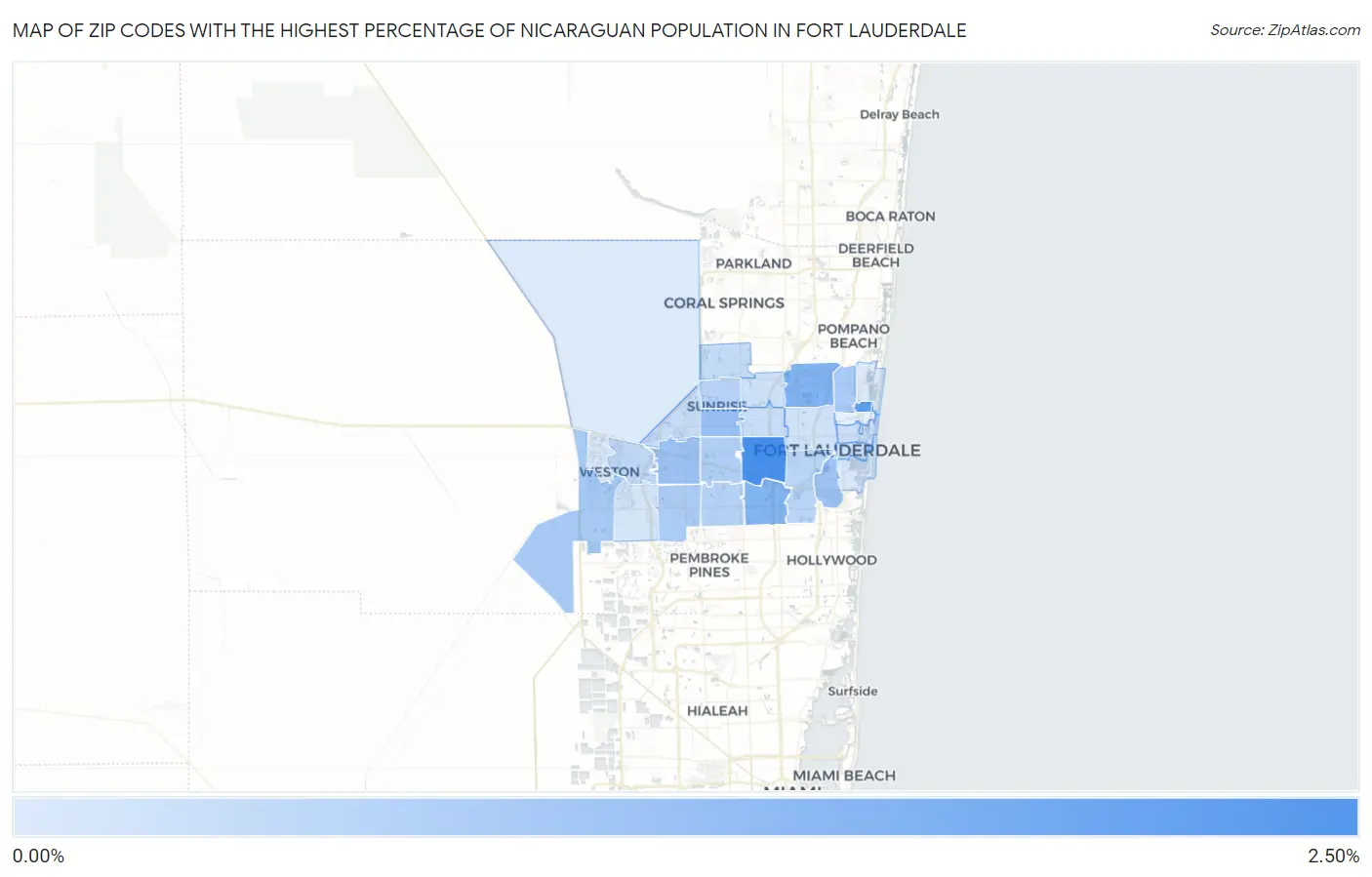 Zip Codes with the Highest Percentage of Nicaraguan Population in Fort Lauderdale Map