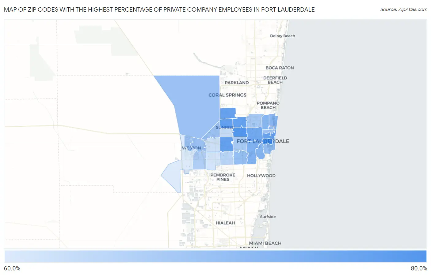 Zip Codes with the Highest Percentage of Private Company Employees in Fort Lauderdale Map