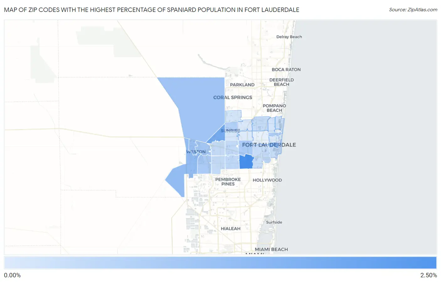 Zip Codes with the Highest Percentage of Spaniard Population in Fort Lauderdale Map