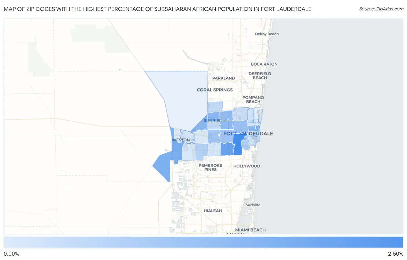 Zip Codes with the Highest Percentage of Subsaharan African Population in Fort Lauderdale Map