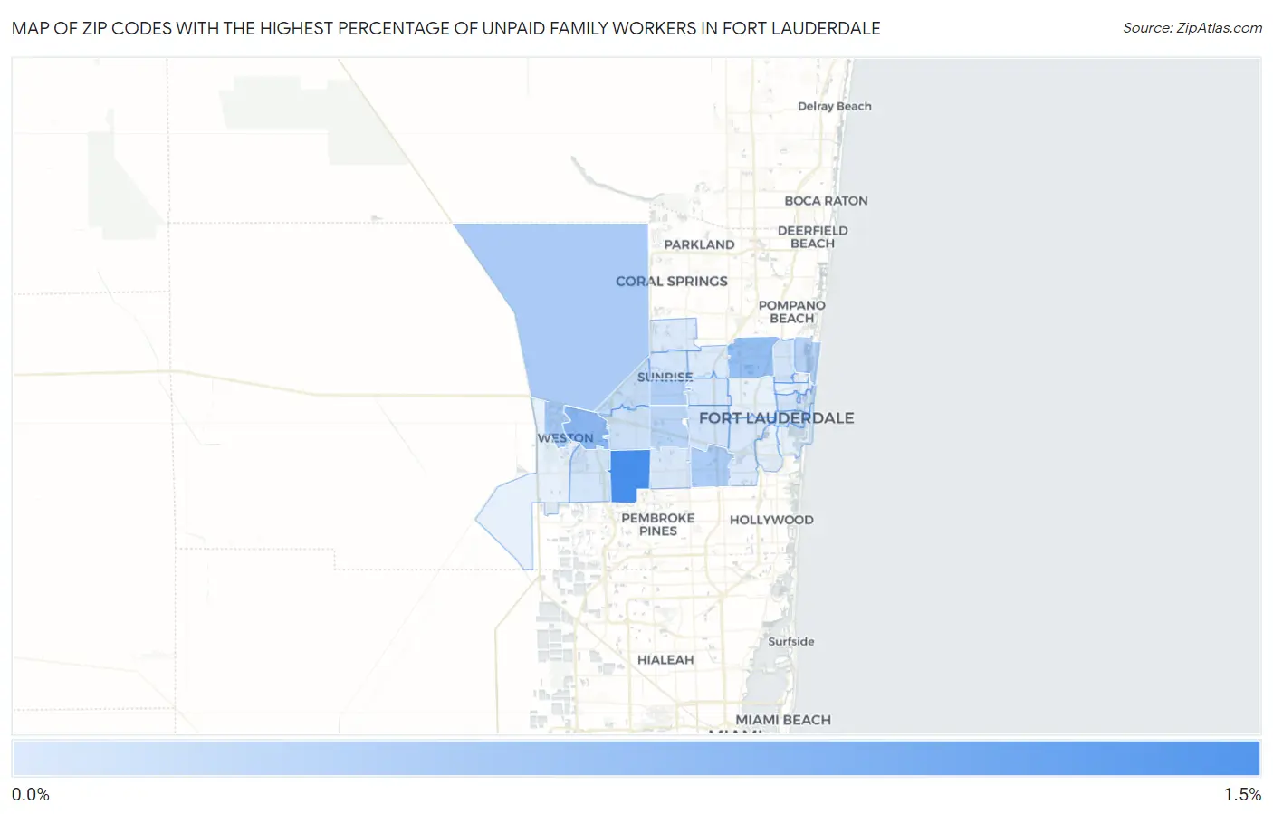 Zip Codes with the Highest Percentage of Unpaid Family Workers in Fort Lauderdale Map