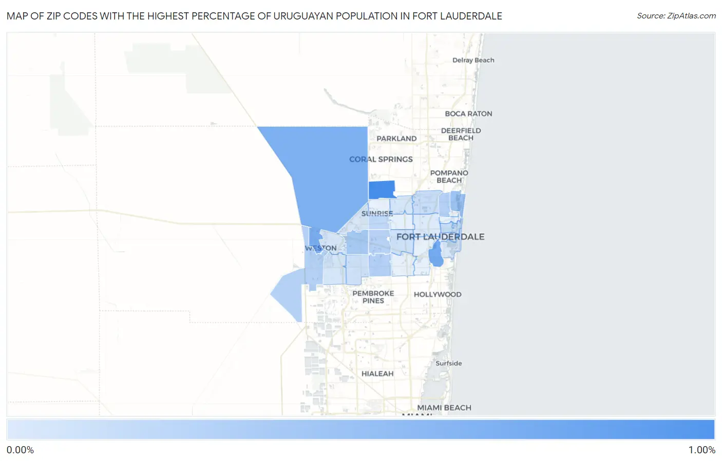 Zip Codes with the Highest Percentage of Uruguayan Population in Fort Lauderdale Map
