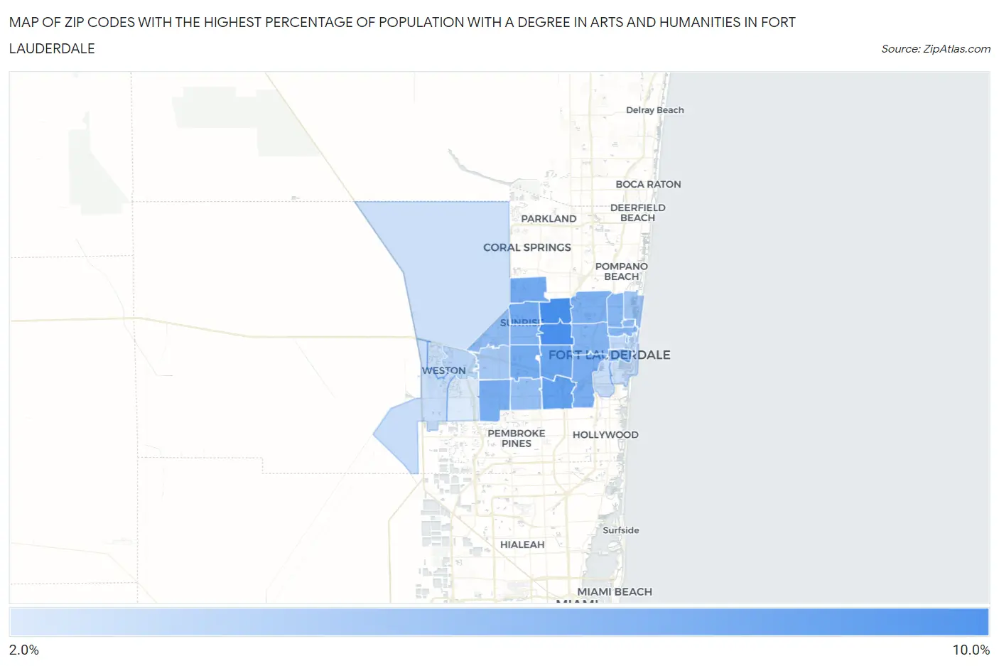 Zip Codes with the Highest Percentage of Population with a Degree in Arts and Humanities in Fort Lauderdale Map