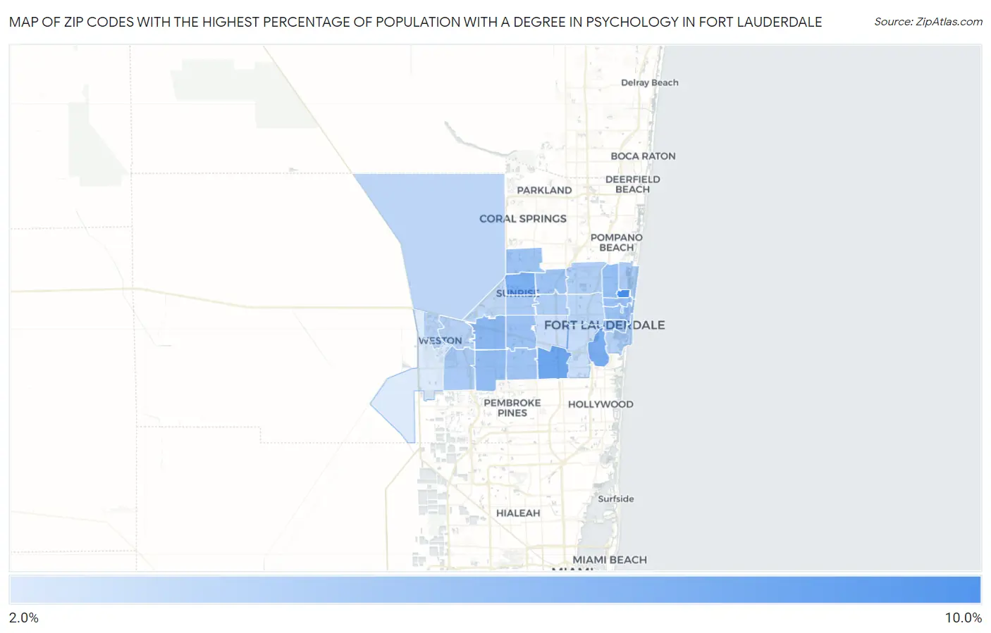 Zip Codes with the Highest Percentage of Population with a Degree in Psychology in Fort Lauderdale Map