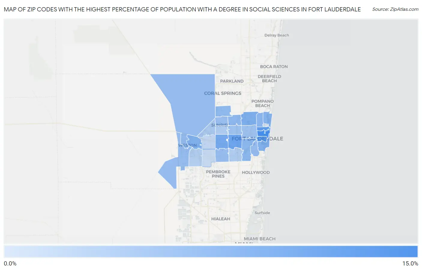 Zip Codes with the Highest Percentage of Population with a Degree in Social Sciences in Fort Lauderdale Map