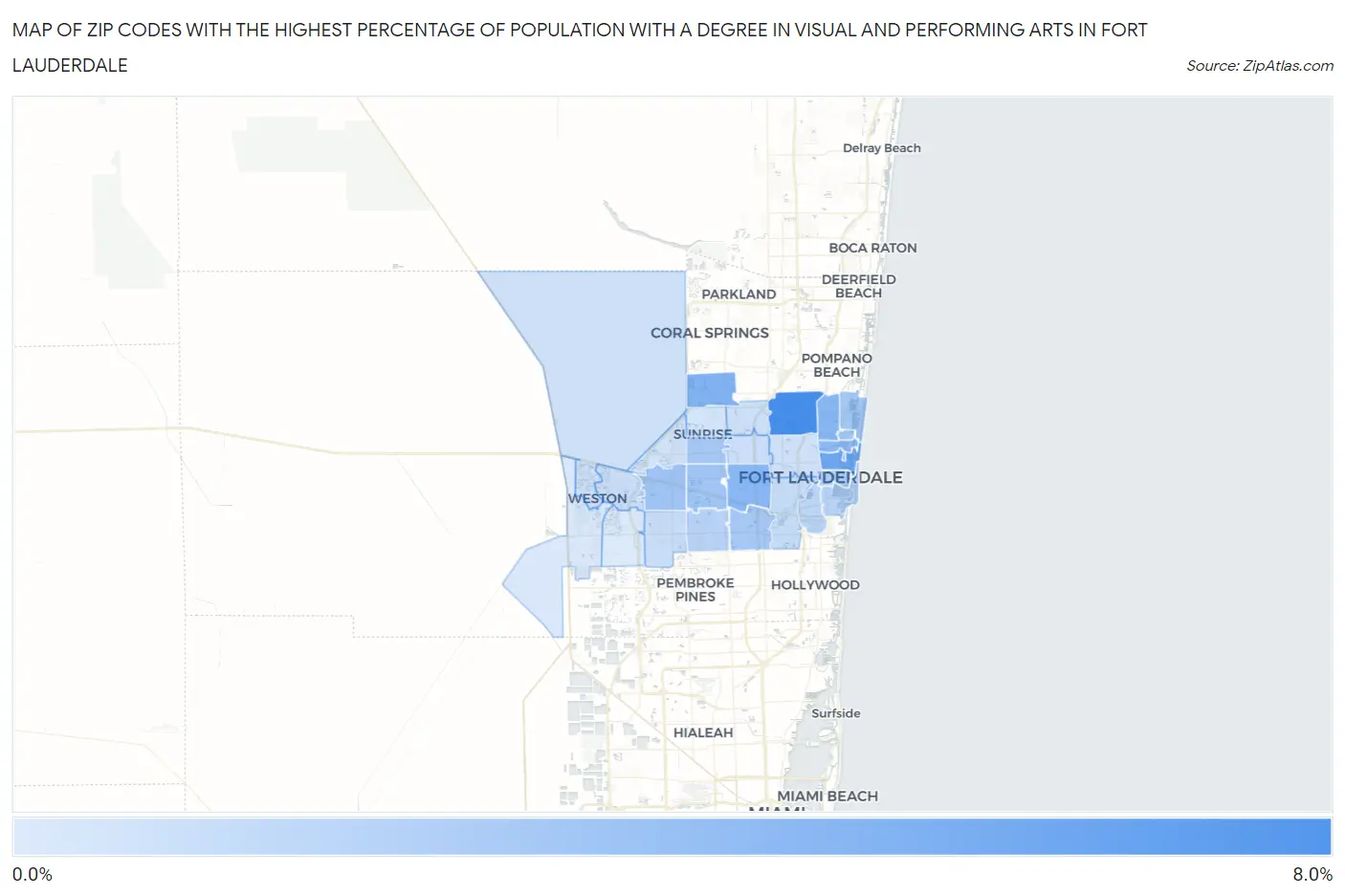 Zip Codes with the Highest Percentage of Population with a Degree in Visual and Performing Arts in Fort Lauderdale Map