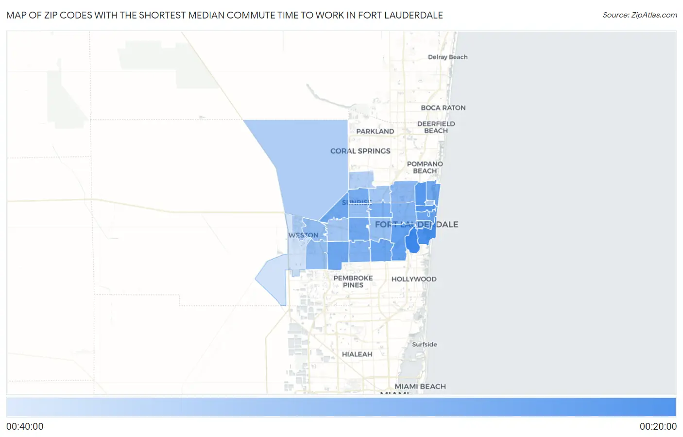 Zip Codes with the Shortest Median Commute Time to Work in Fort Lauderdale Map