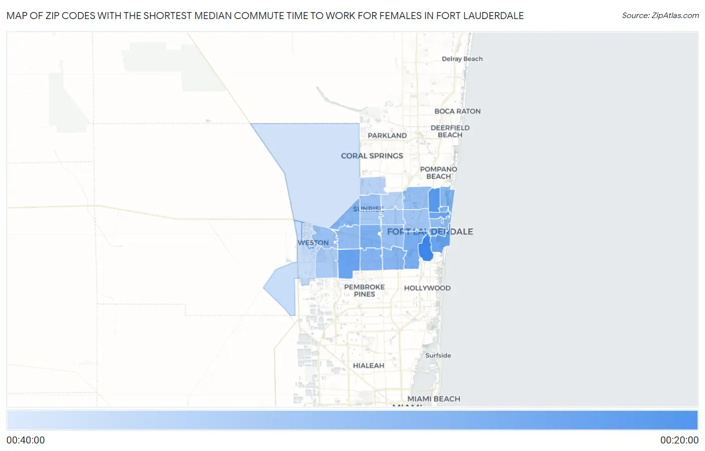 Zip Codes with the Shortest Median Commute Time to Work for Females in Fort Lauderdale Map