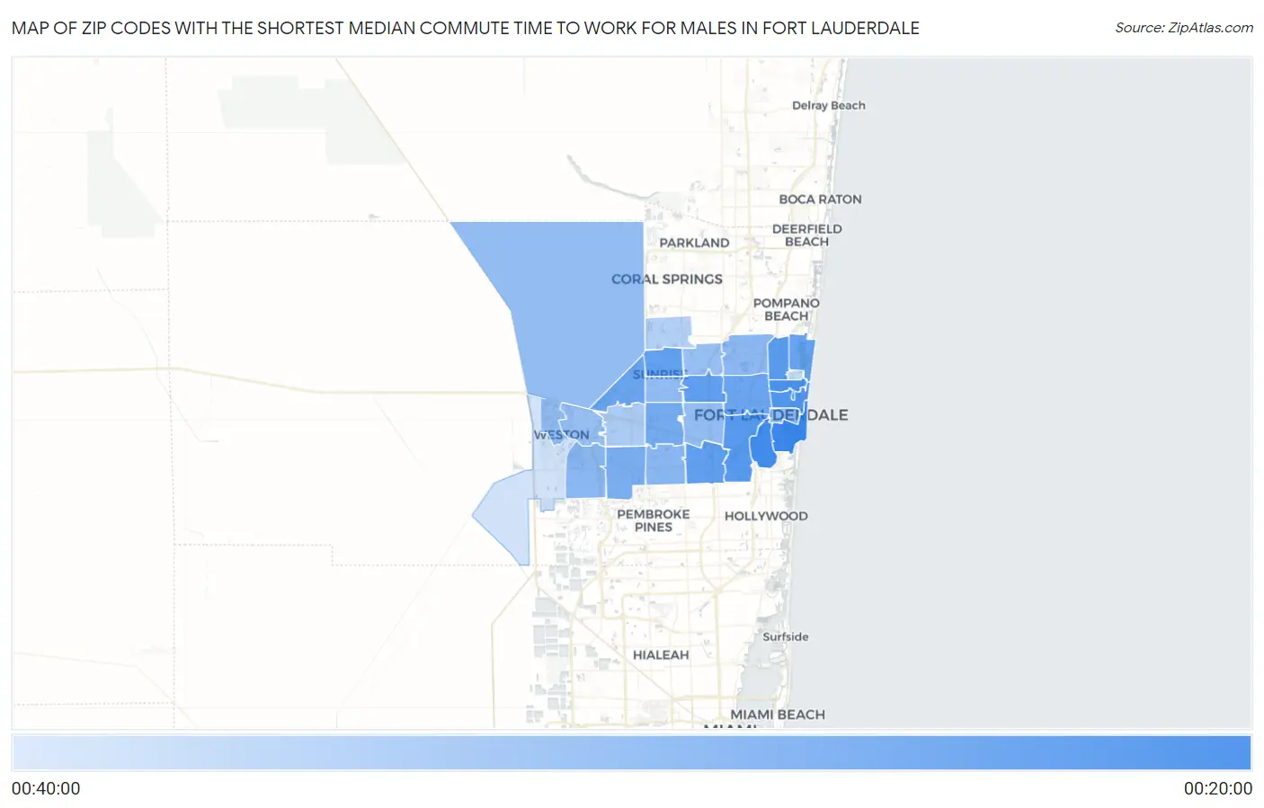 Zip Codes with the Shortest Median Commute Time to Work for Males in Fort Lauderdale Map