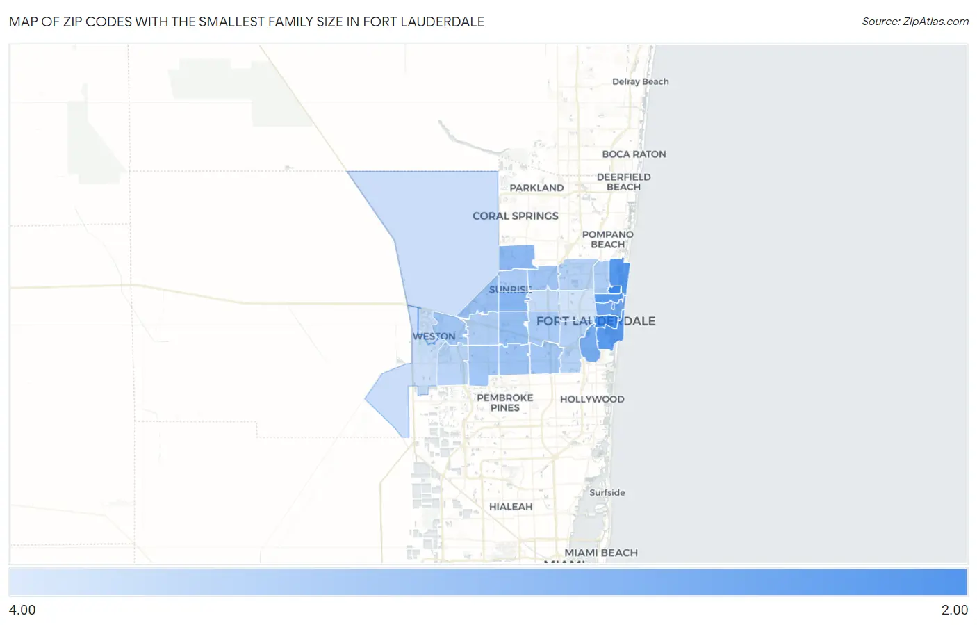 Zip Codes with the Smallest Family Size in Fort Lauderdale Map
