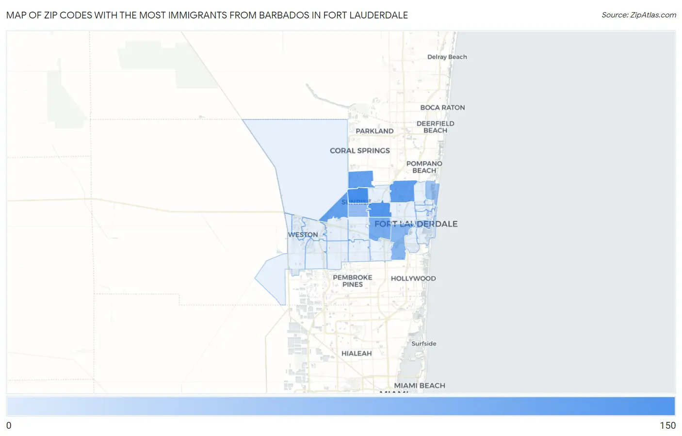 Zip Codes with the Most Immigrants from Barbados in Fort Lauderdale Map