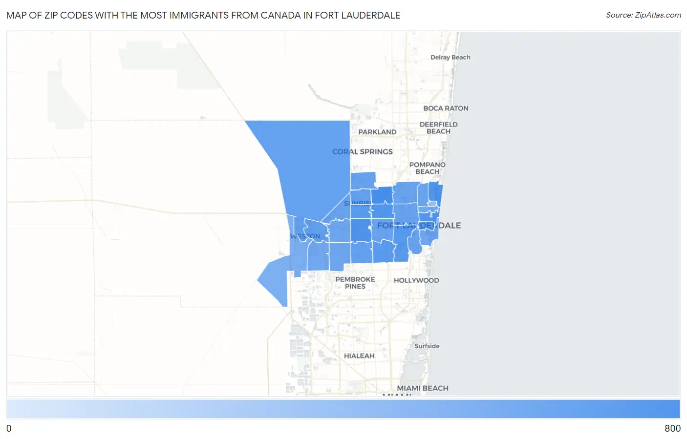 Zip Codes with the Most Immigrants from Canada in Fort Lauderdale Map
