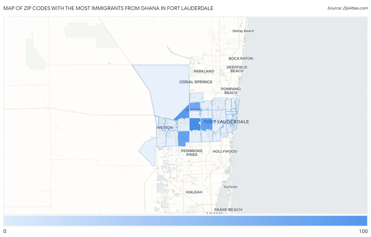 Zip Codes with the Most Immigrants from Ghana in Fort Lauderdale Map