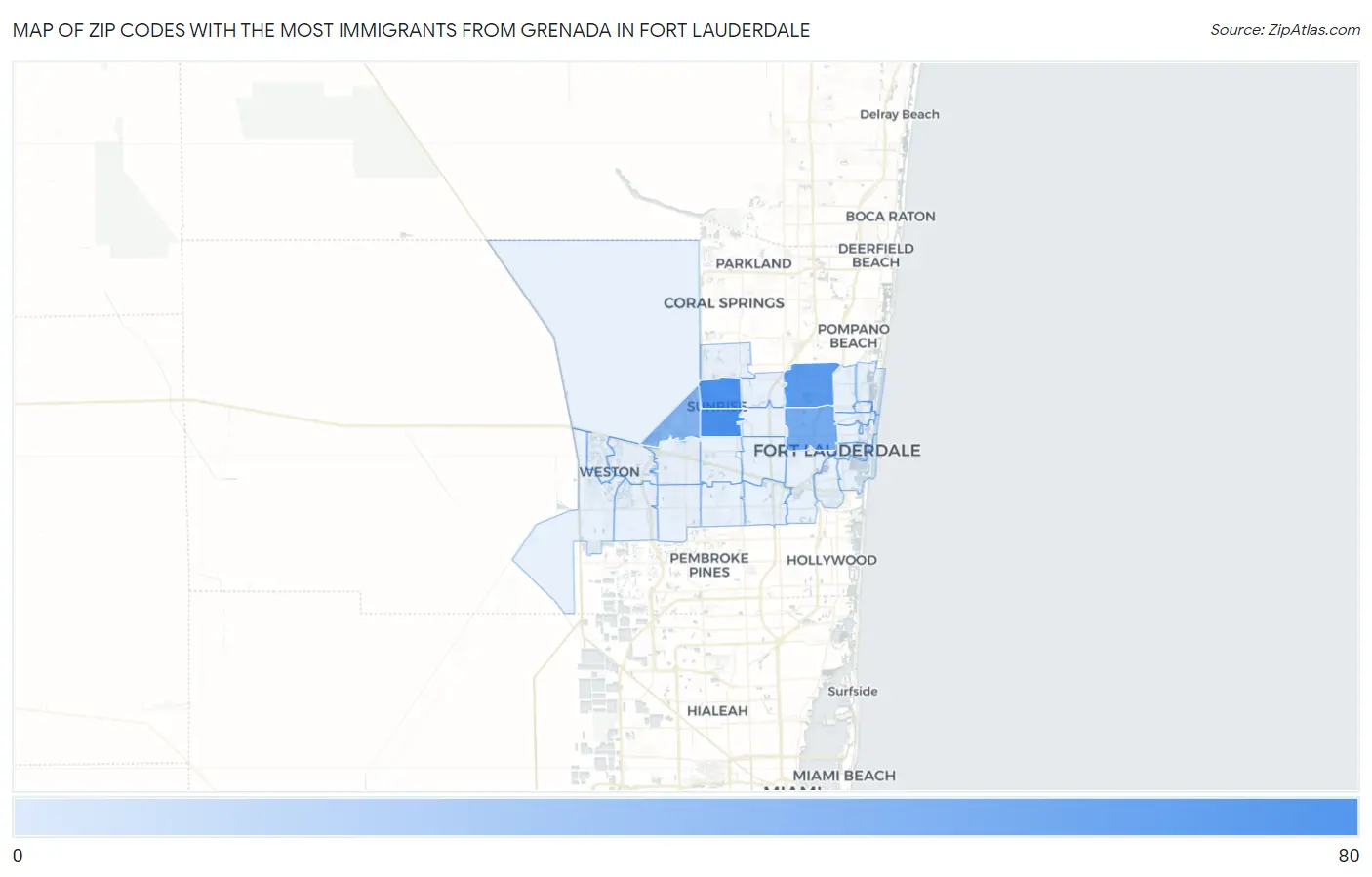 Zip Codes with the Most Immigrants from Grenada in Fort Lauderdale Map