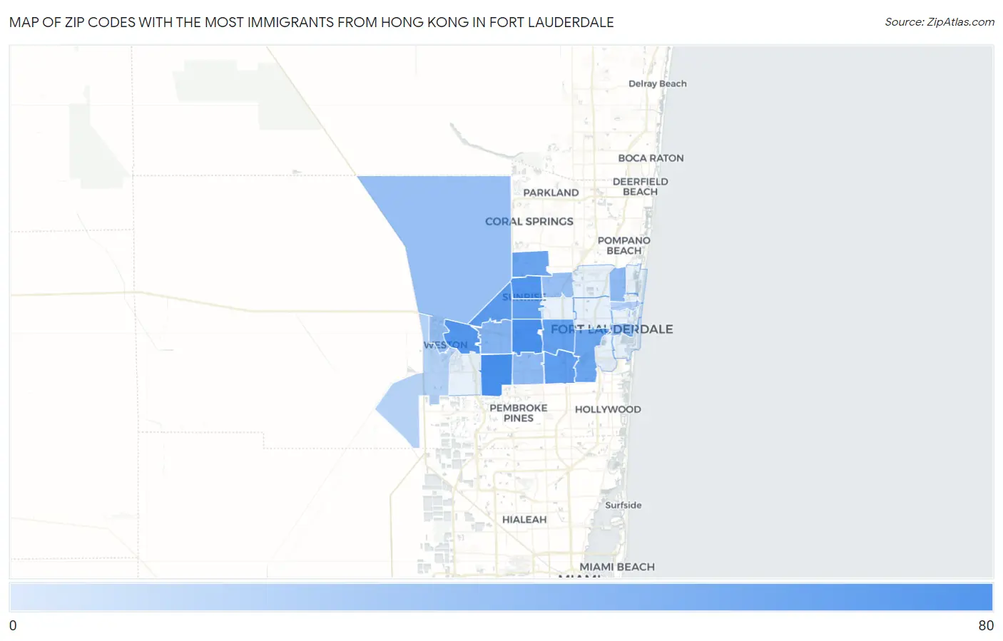 Zip Codes with the Most Immigrants from Hong Kong in Fort Lauderdale Map