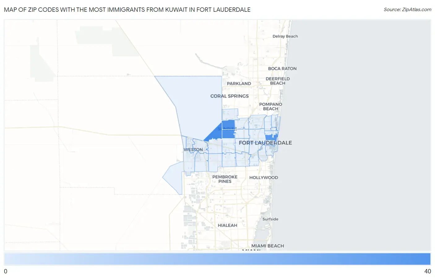 Zip Codes with the Most Immigrants from Kuwait in Fort Lauderdale Map
