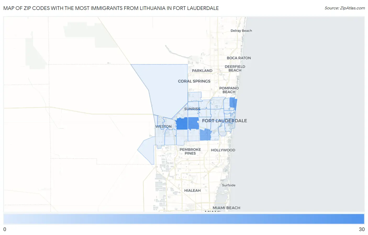 Zip Codes with the Most Immigrants from Lithuania in Fort Lauderdale Map
