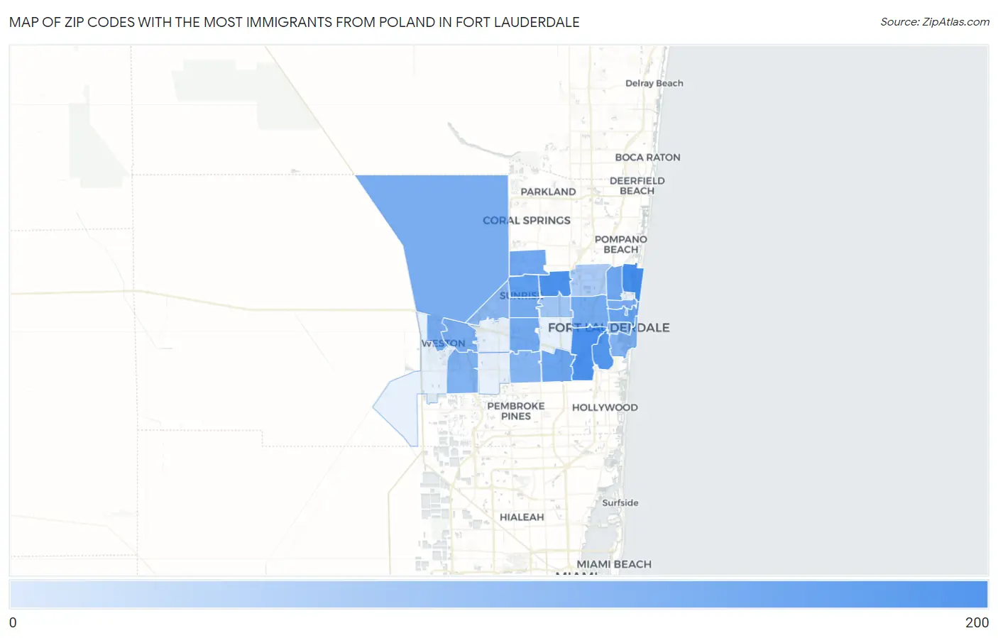 Zip Codes with the Most Immigrants from Poland in Fort Lauderdale Map