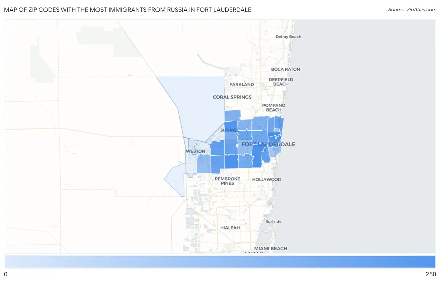 Zip Codes with the Most Immigrants from Russia in Fort Lauderdale Map