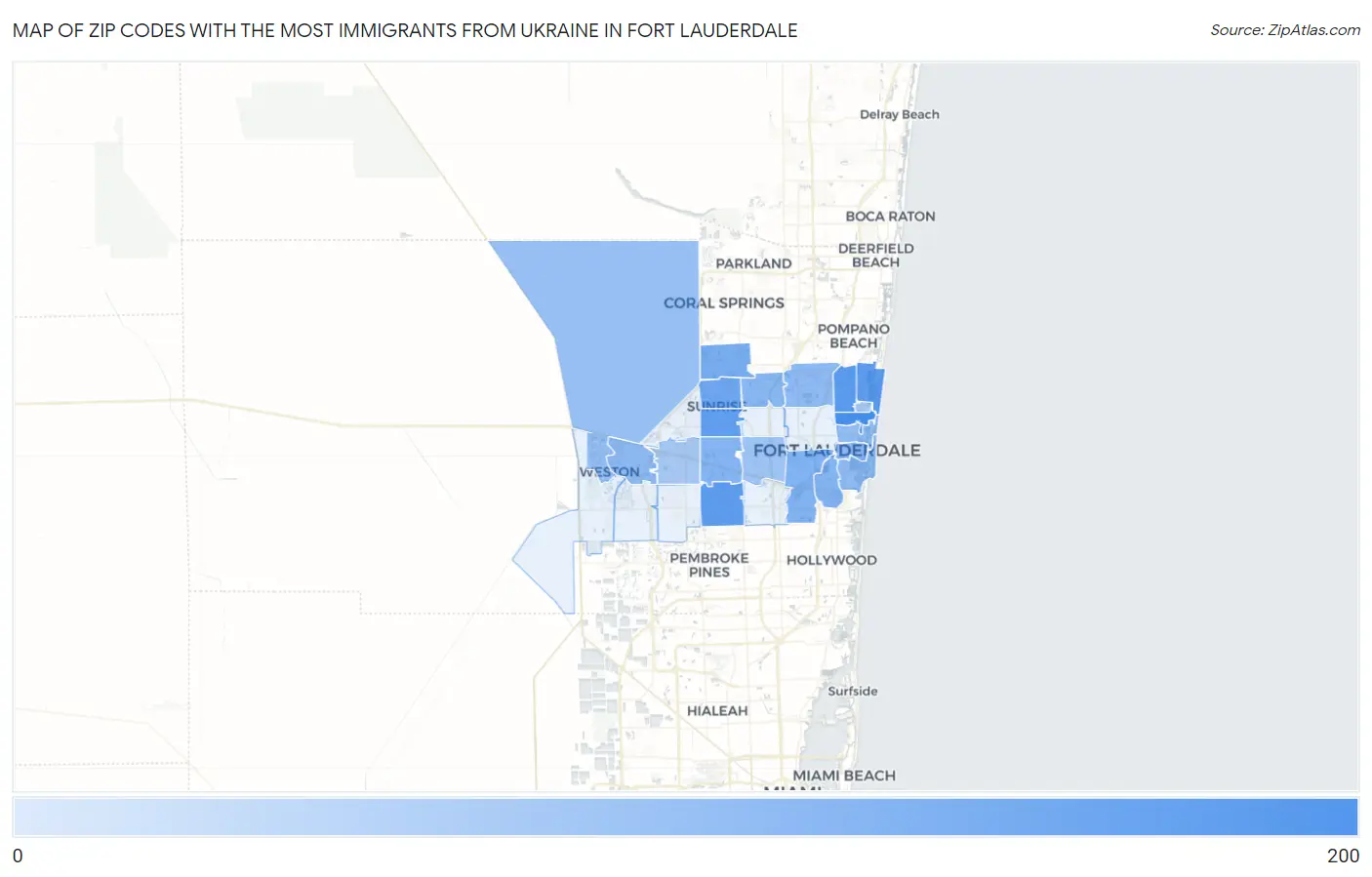 Zip Codes with the Most Immigrants from Ukraine in Fort Lauderdale Map