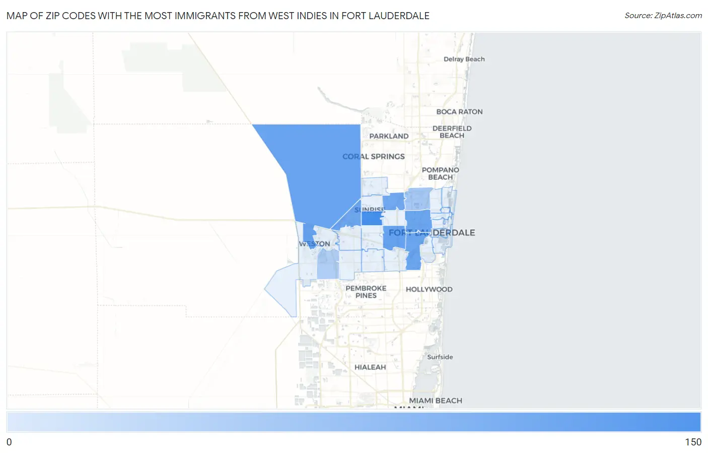 Zip Codes with the Most Immigrants from West Indies in Fort Lauderdale Map