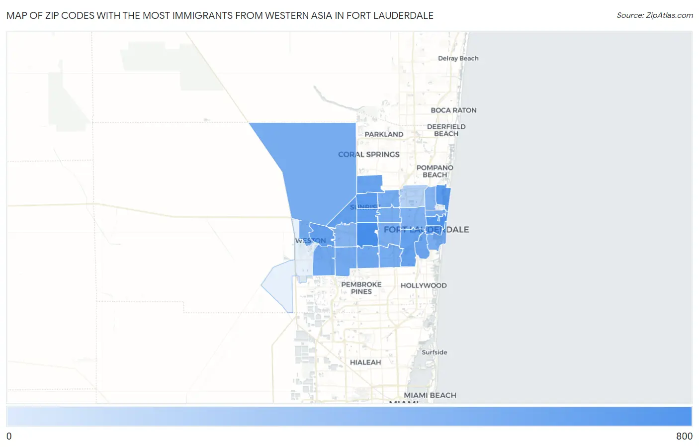 Zip Codes with the Most Immigrants from Western Asia in Fort Lauderdale Map