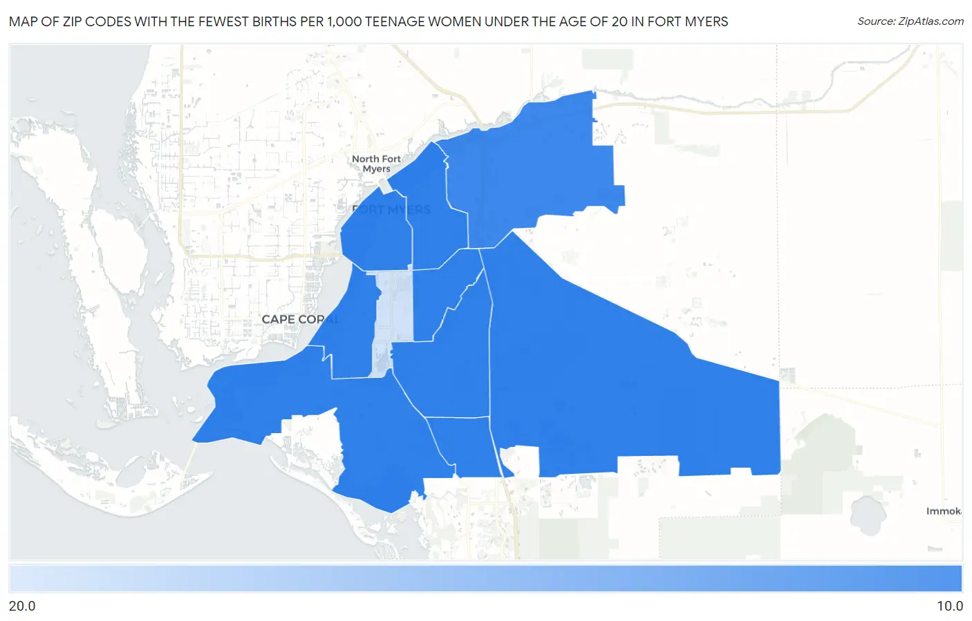Zip Codes with the Fewest Births per 1,000 Teenage Women Under the Age of 20 in Fort Myers Map