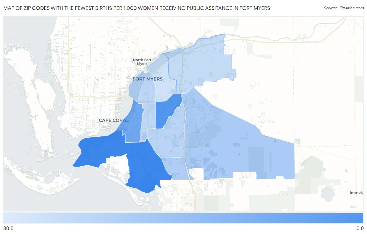 Zip Codes with the Fewest Births per 1,000 Women Receiving Public Assitance in Fort Myers Map