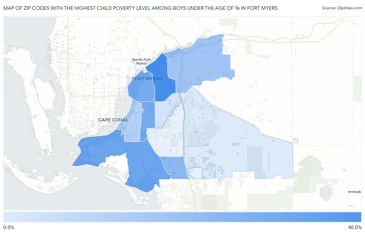 Zip Codes with the Highest Child Poverty Level Among Boys Under the Age of 16 in Fort Myers Map